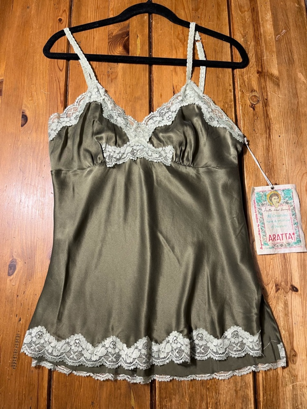 Aratta Olive Silk Camisole with Cream Lace Trim NWT